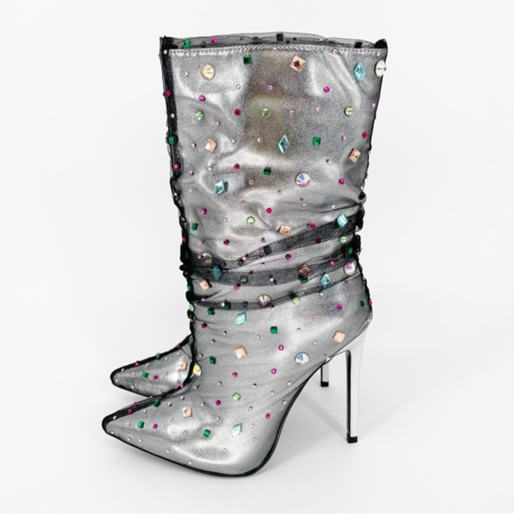 Metallic Silver Embellished Mid-Calf Stiletto Booties - Picture 4 of 10